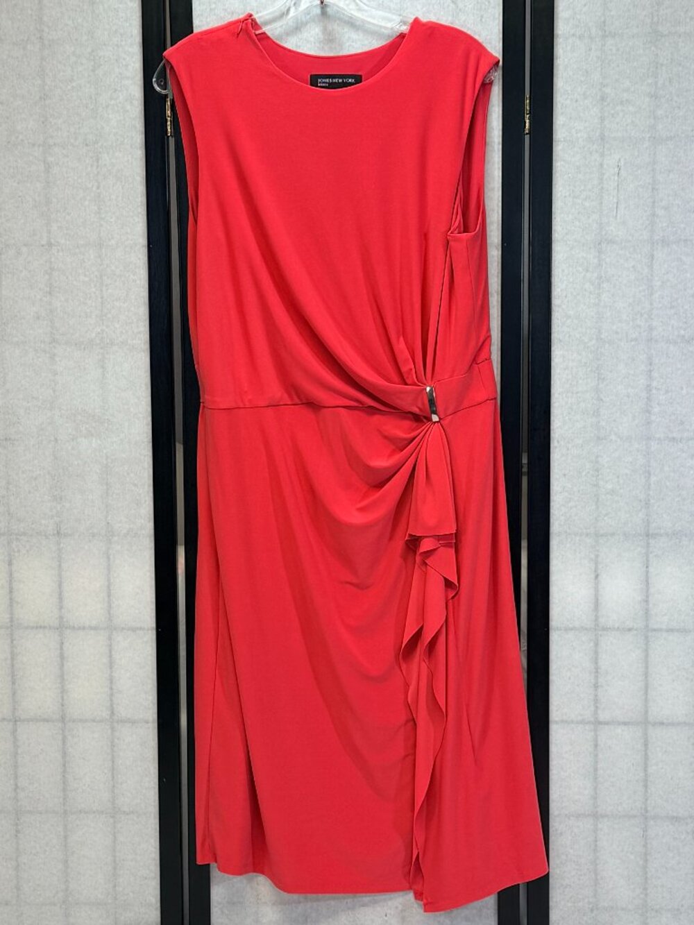 Jones New York Coral Cap Sleeve Dress 12 Side Gather Rouched Waist Front Ruffle